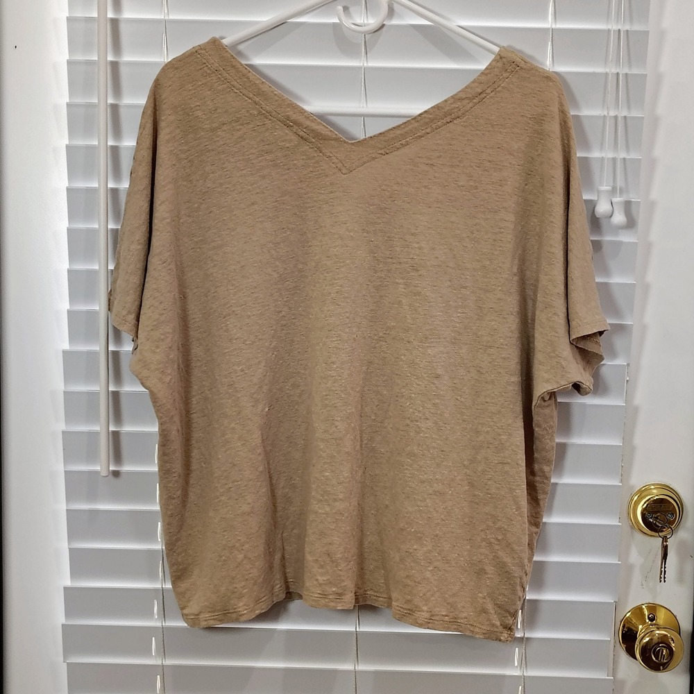 CHICO'S Linen Tee Women 4 XXL Tan V-Neck Cross Back Slub Knit Casual Top Earthy - Picture 3 of 5